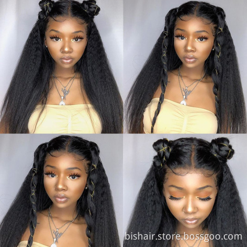 BIS Wholesale Yaki Wig Vendor 100% Brazilian Hair Wig 150% Density Kinky Straight 4*4 Closure Front Lace Wig For Black Women